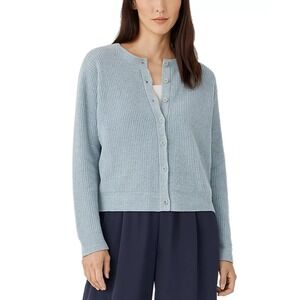 Eileen Fisher Cotton Chenille Crewneck Cardigan Frost Blue Size Large NEW